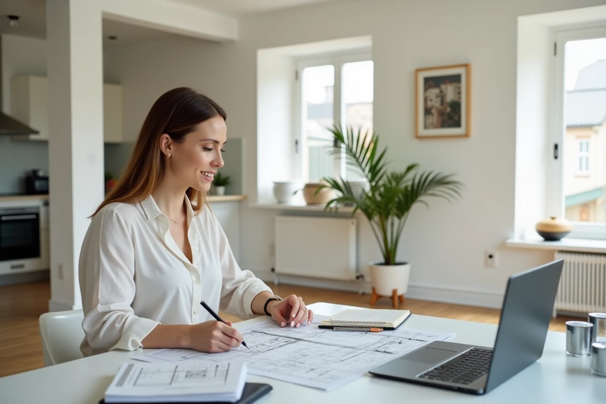 Femme analysant plans dans un studio rénové lumineux