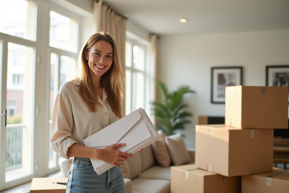 Femme souriante tenant des enveloppes dans un salon lumineux