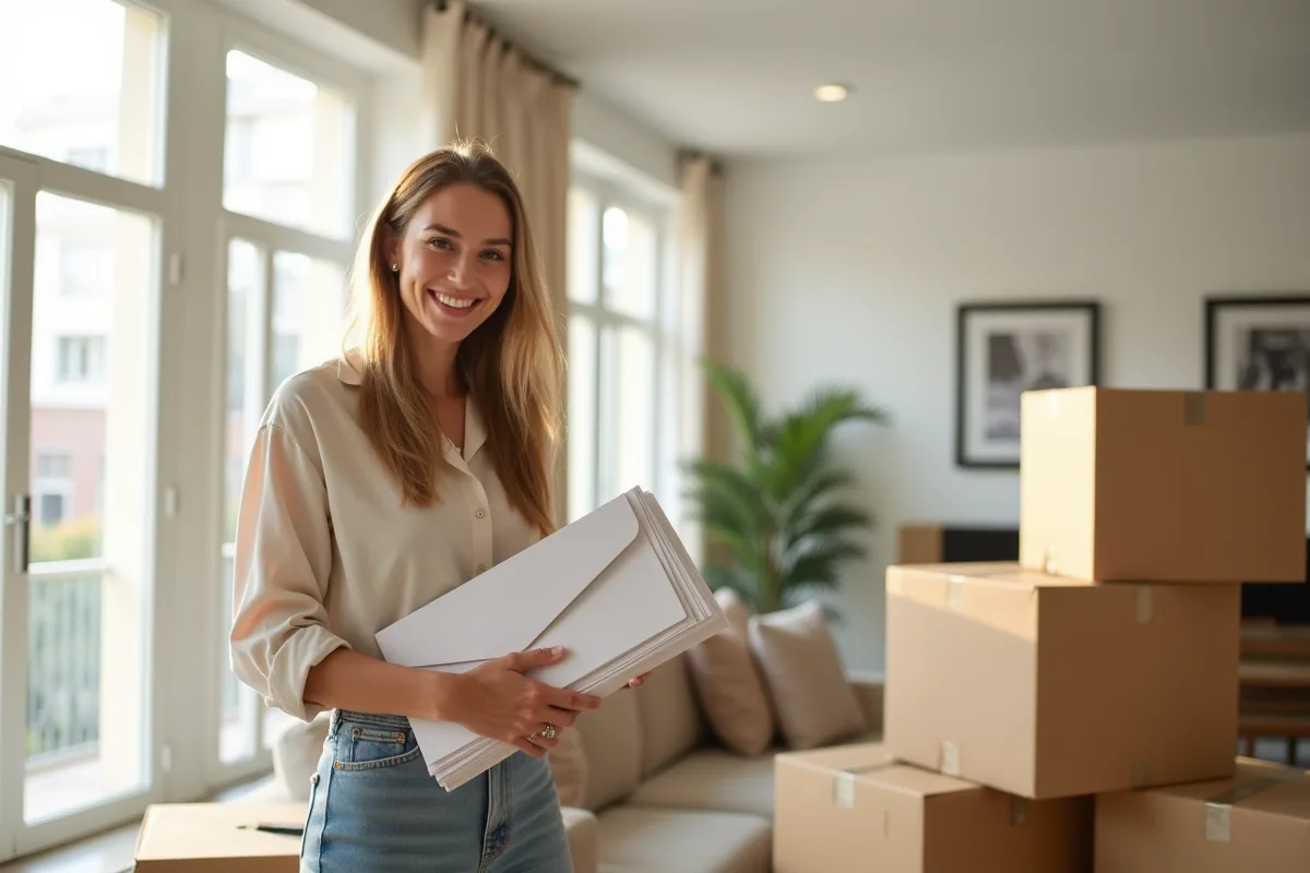 Femme souriante tenant des enveloppes dans un salon lumineux
