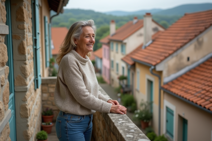 Femme souriante sur balcon avec vue sur village rural
