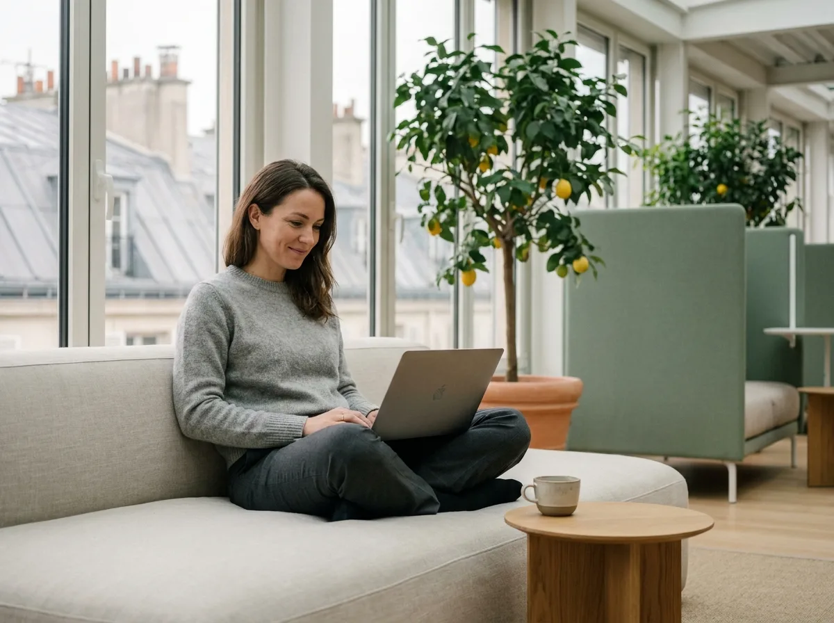 Femme travaillant en télétravail dans un espace de bureau flexible parisien avec vue sur les toits