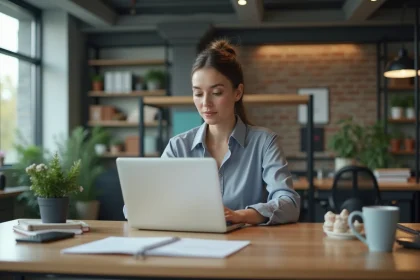 Femme en tenue professionnelle travaillant sur un ordinateur dans un bureau moderne