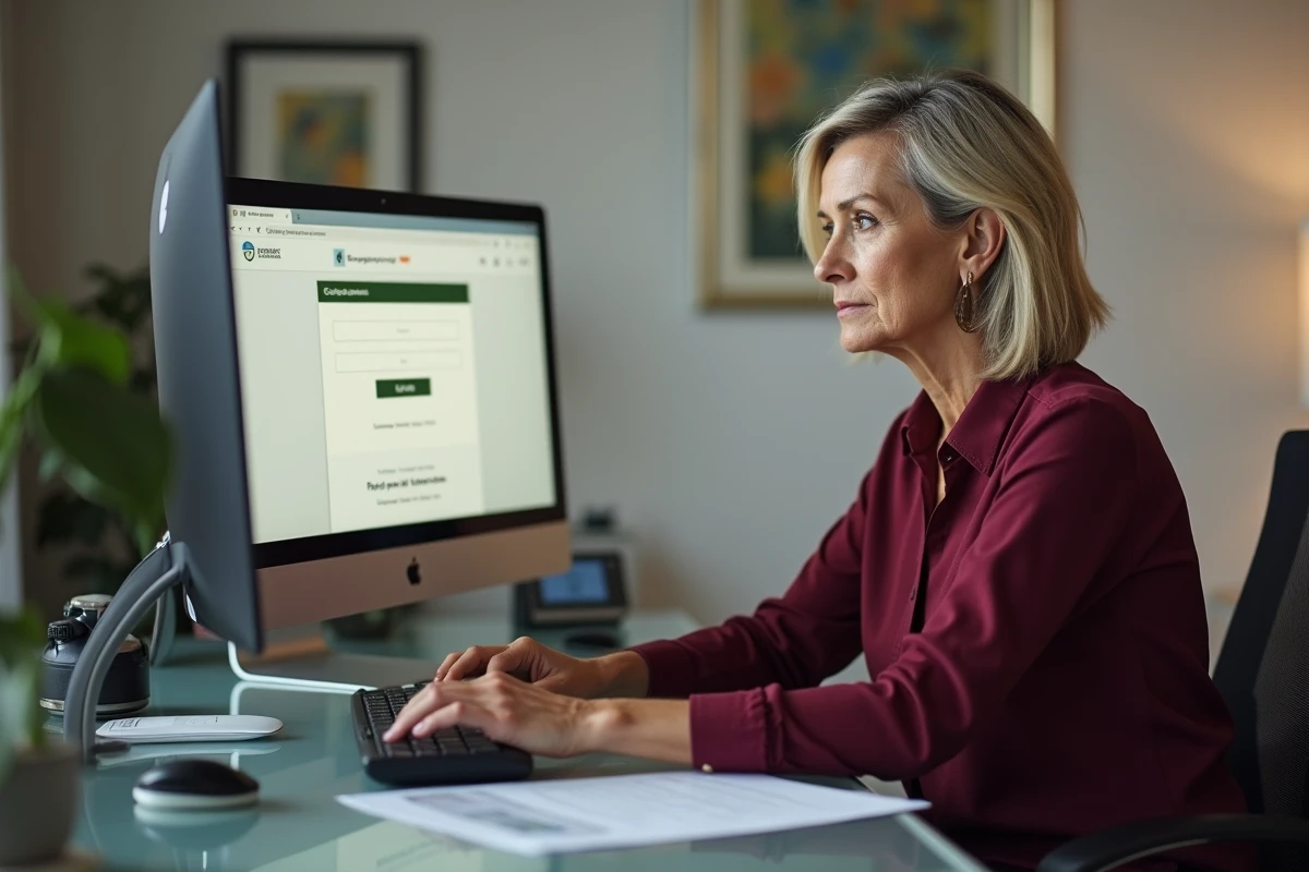 Femme devant un ordinateur de bureau tentant de résoudre un problème de connexion à son compte MyFoncia