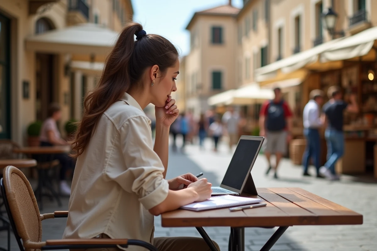 Jeune femme au café à Carcassonne en train de prendre des notes