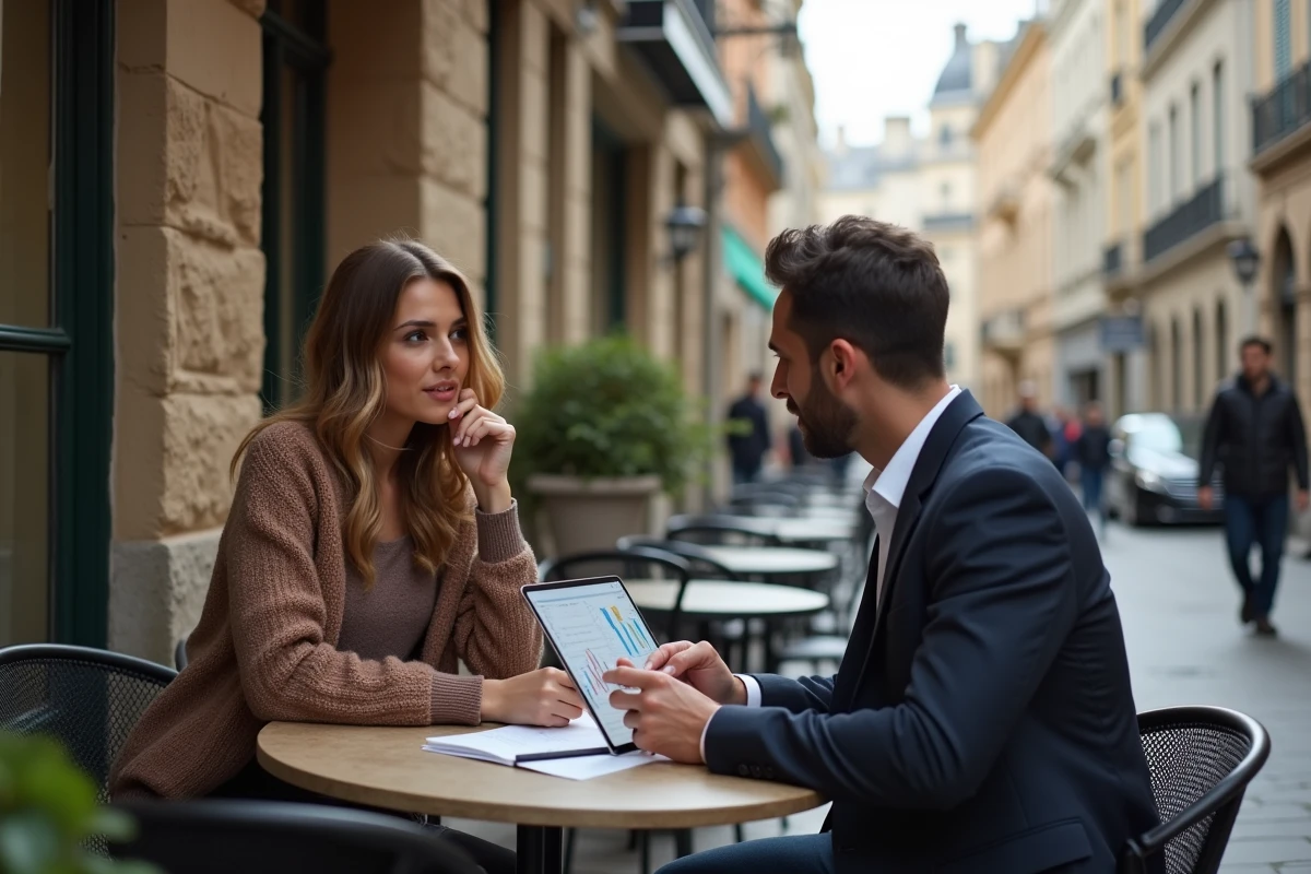 Femme professionnelle discutant avec un conseiller financier au café