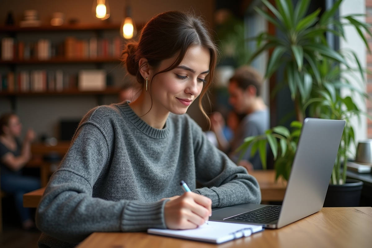 Jeune femme au café concentrée sur son ordinateur portable
