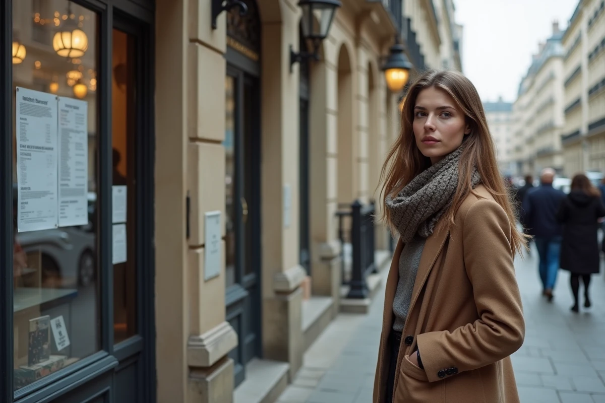 Jeune femme vérifiant des annonces dans une vitrine parisienne