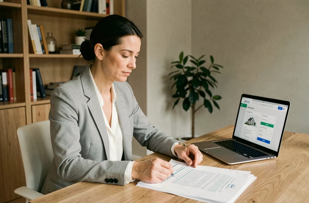 Femme consultant des documents sur le logement abordable et les dispositifs Alin fr et in li à son bureau