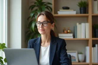 Femme professionnelle consultant ses documents Myfoncia sur un ordinateur portable dans un bureau à domicile moderne