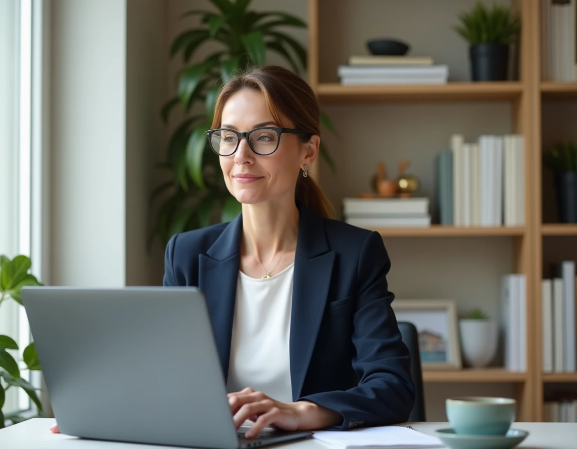 Femme professionnelle consultant ses documents Myfoncia sur un ordinateur portable dans un bureau à domicile moderne