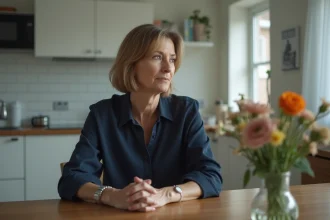 Femme en réflexion dans une cuisine moderne et ordonnee