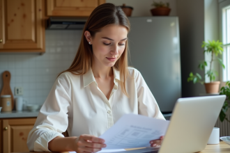 Femme étudie un contrat dans une cuisine lumineuse