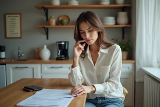 Femme examinant un contrat de location dans une cuisine moderne