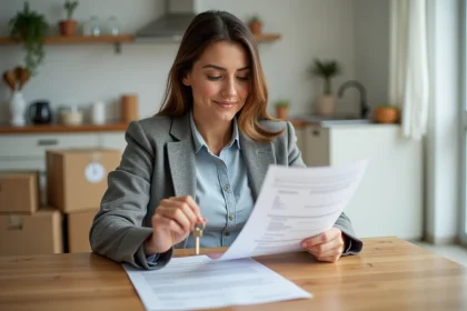 Femme vérifiant un contrat de location avec clés dans un intérieur moderne