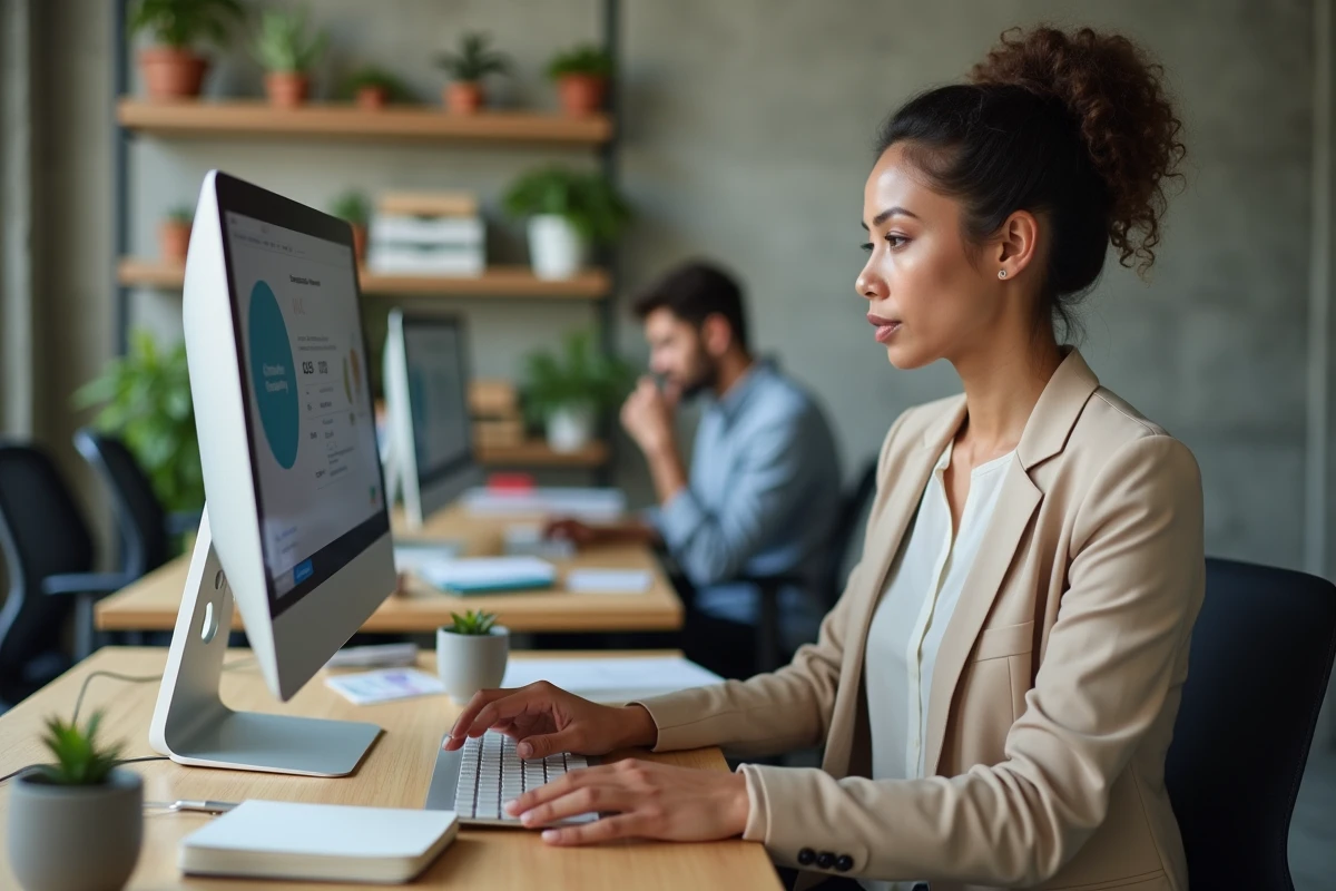 Femme en espace de coworking résolvant un problème de connexion sur son compte client MyCitya