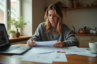 Femme stressée examinant un dossier de location sans fiche de paie à son domicile