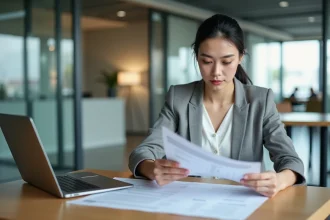 Femme consultant un dossier de prêt immobilier de 200 000 euros dans une agence bancaire moderne