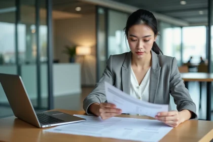 Femme consultant un dossier de prêt immobilier de 200 000 euros dans une agence bancaire moderne
