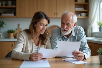 Femme d'âge moyen et homme âgé lisant des documents à la maison