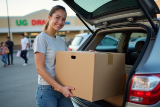 Femme souriante empilant cartons dans la voiture