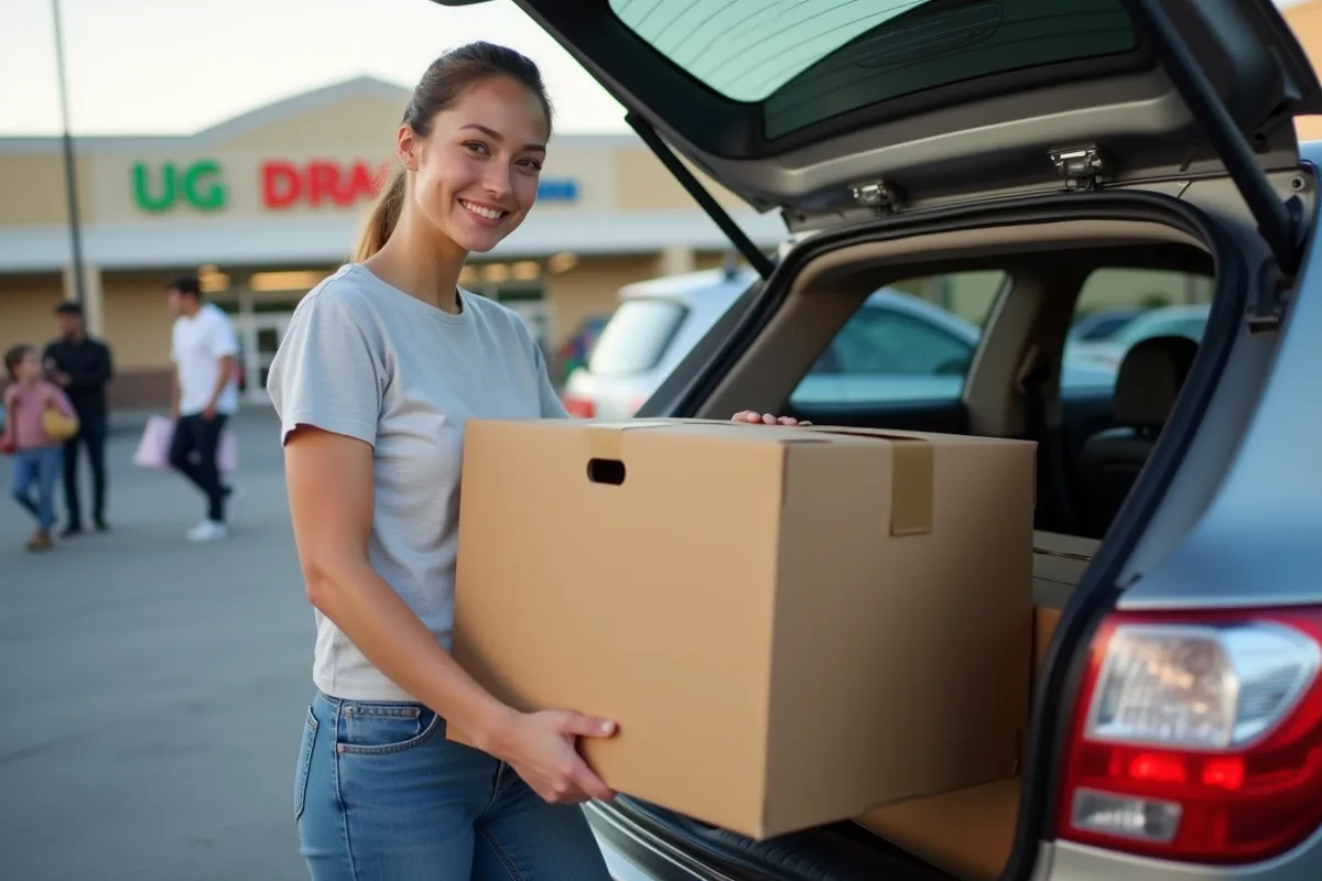 Femme souriante empilant cartons dans la voiture