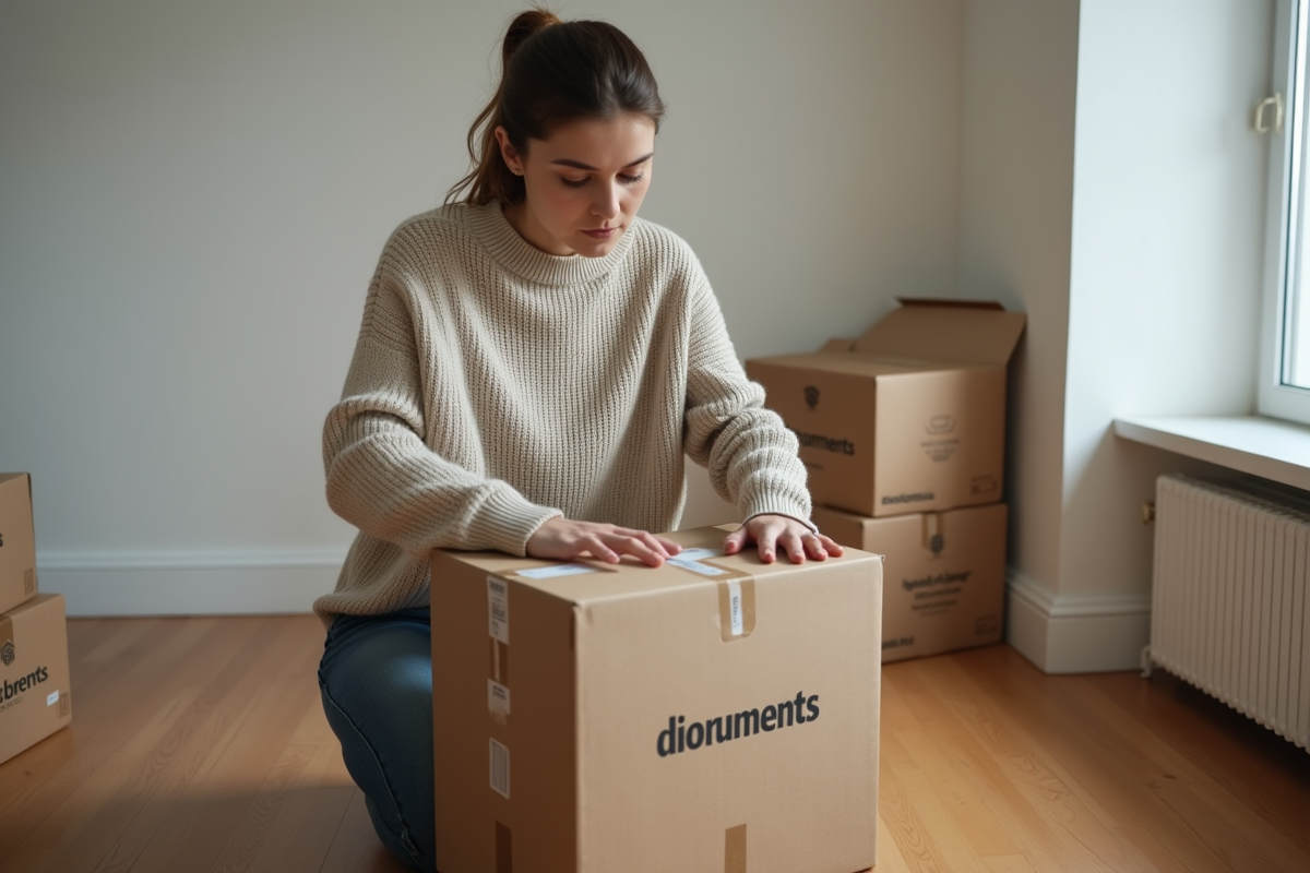 Femme pliant des cartons dans un appartement modeste