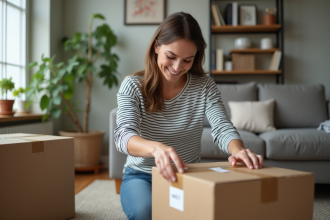 Jeune femme emballant une boîte de déménagement dans un salon