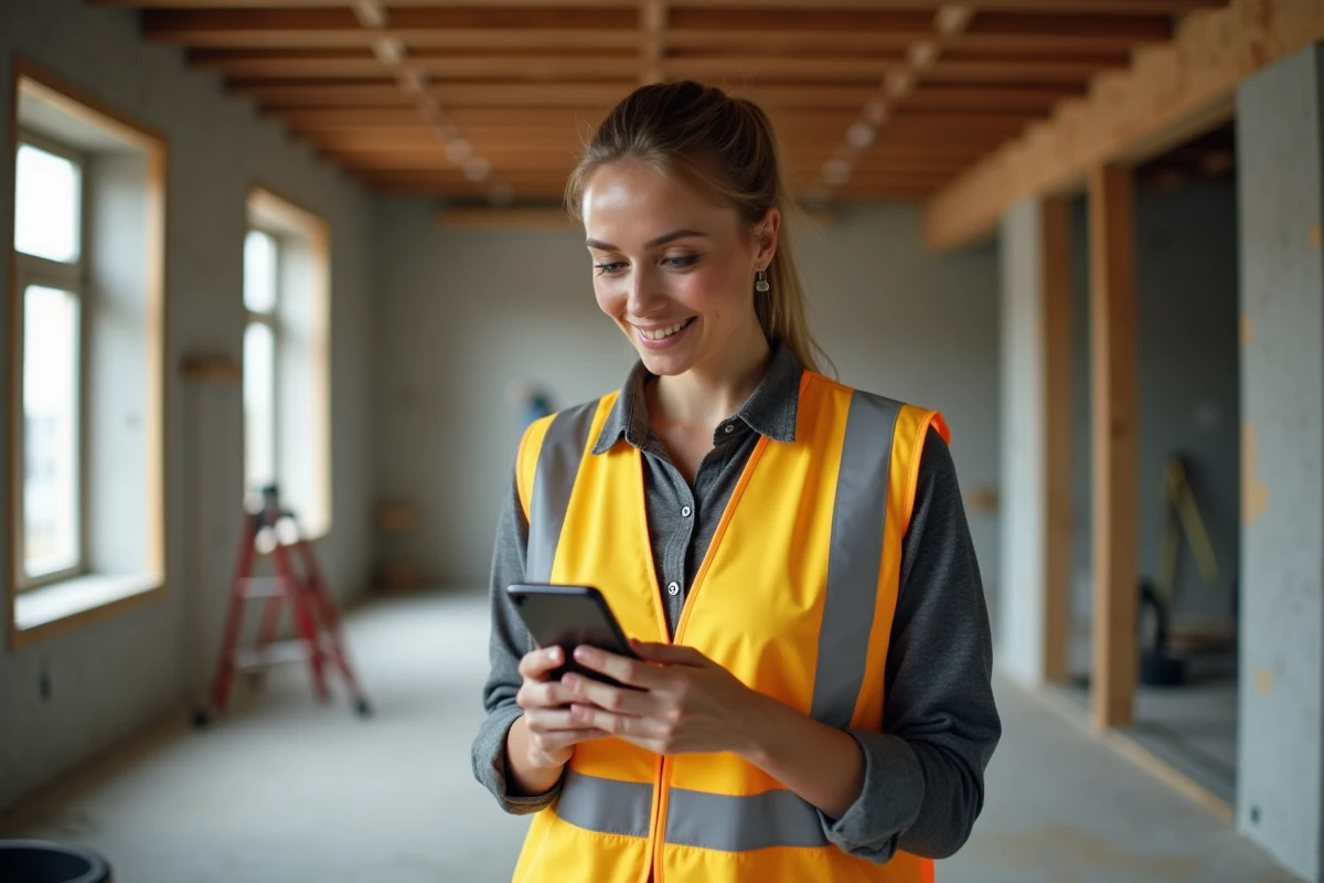 Femme chef de chantier sur un site de rénovation consultant des conseils business BTP sur son smartphone