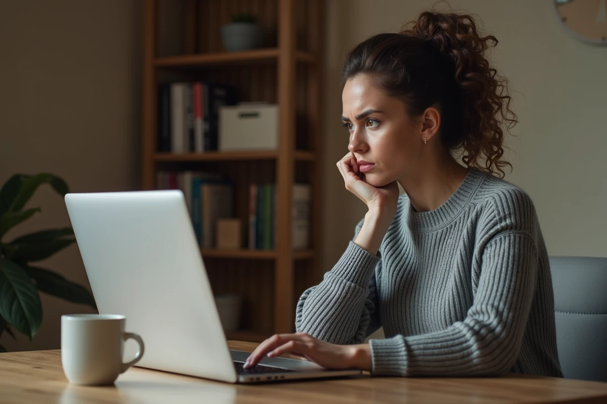 Femme frustrée devant un ordinateur portable affichant une erreur de connexion sur l'espace client MyCitya