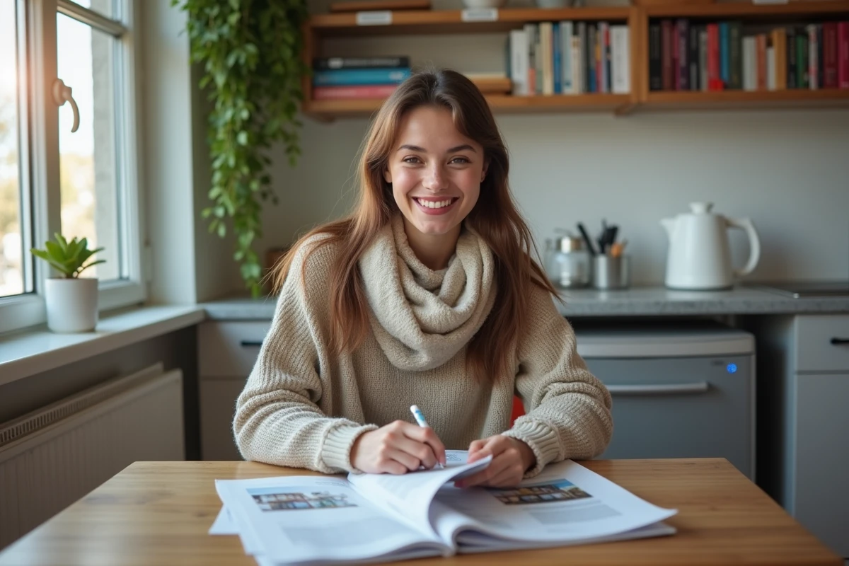 Femme étudiante souriante lisant des brochures dans son studio