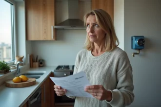 Femme regardant une facture d'eau dans un appartement moderne
