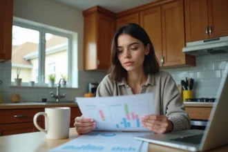 Femme d age adulte examine documents financiers dans la cuisine