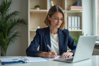 Femme remplissant un formulaire administratif en ligne sur un ordinateur portable dans un bureau à domicile bien organisé