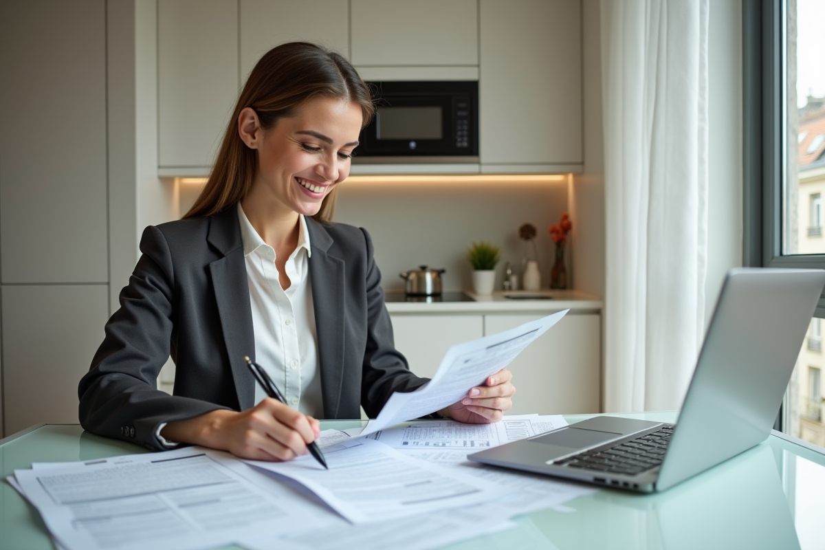 Femme souriante vérifiant ses documents fiscaux à Paris