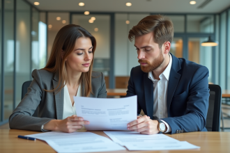 Femme et jeune homme examinant des documents immobiliers