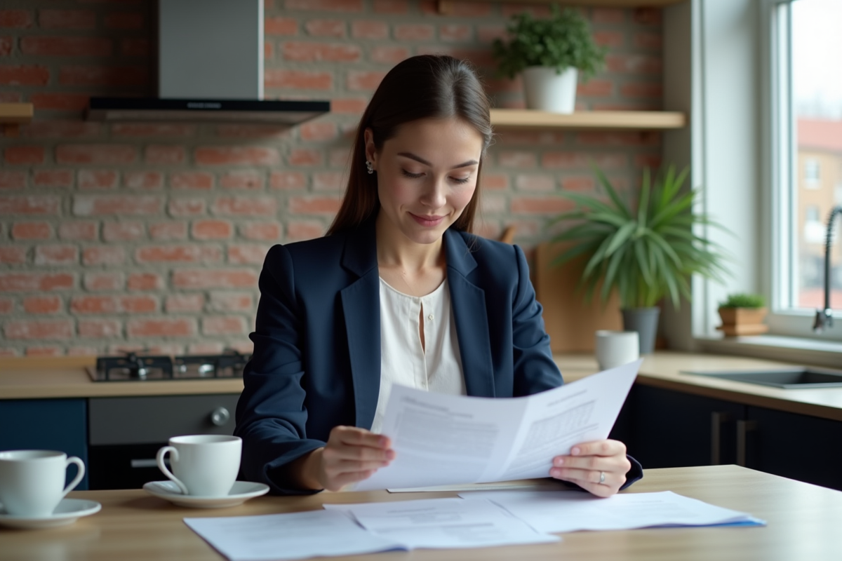 Jeune femme professionnelle examine documents de mortgage