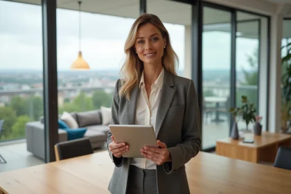 Femme professionnelle dans un bureau moderne avec tablette