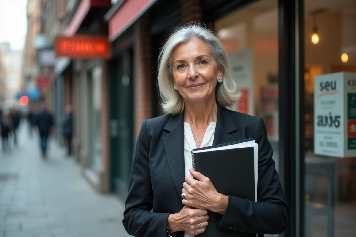 Femme d age mûr dans une rue commerçante