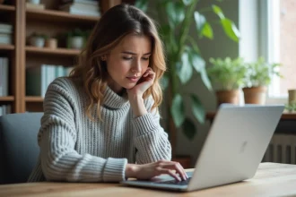 Femme frustrée devant son ordinateur portable essayant de se connecter à son espace client MyFoncia