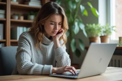 Femme frustrée devant son ordinateur portable essayant de se connecter à son espace client MyFoncia