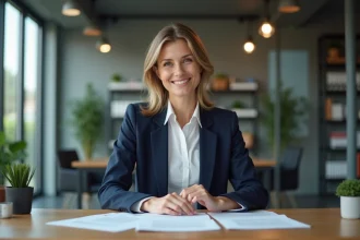 Femme professionnelle en immobilier examinant des documents