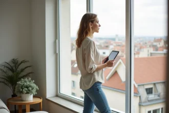 Femme professionnelle regardant la ville depuis une fenêtre à Toulouse