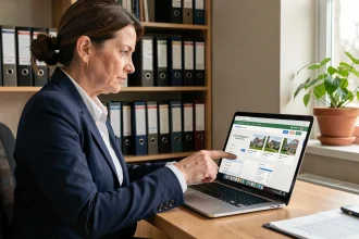 Femme consultant un annuaire de syndic de copropriété sur un ordinateur portable dans un bureau à domicile