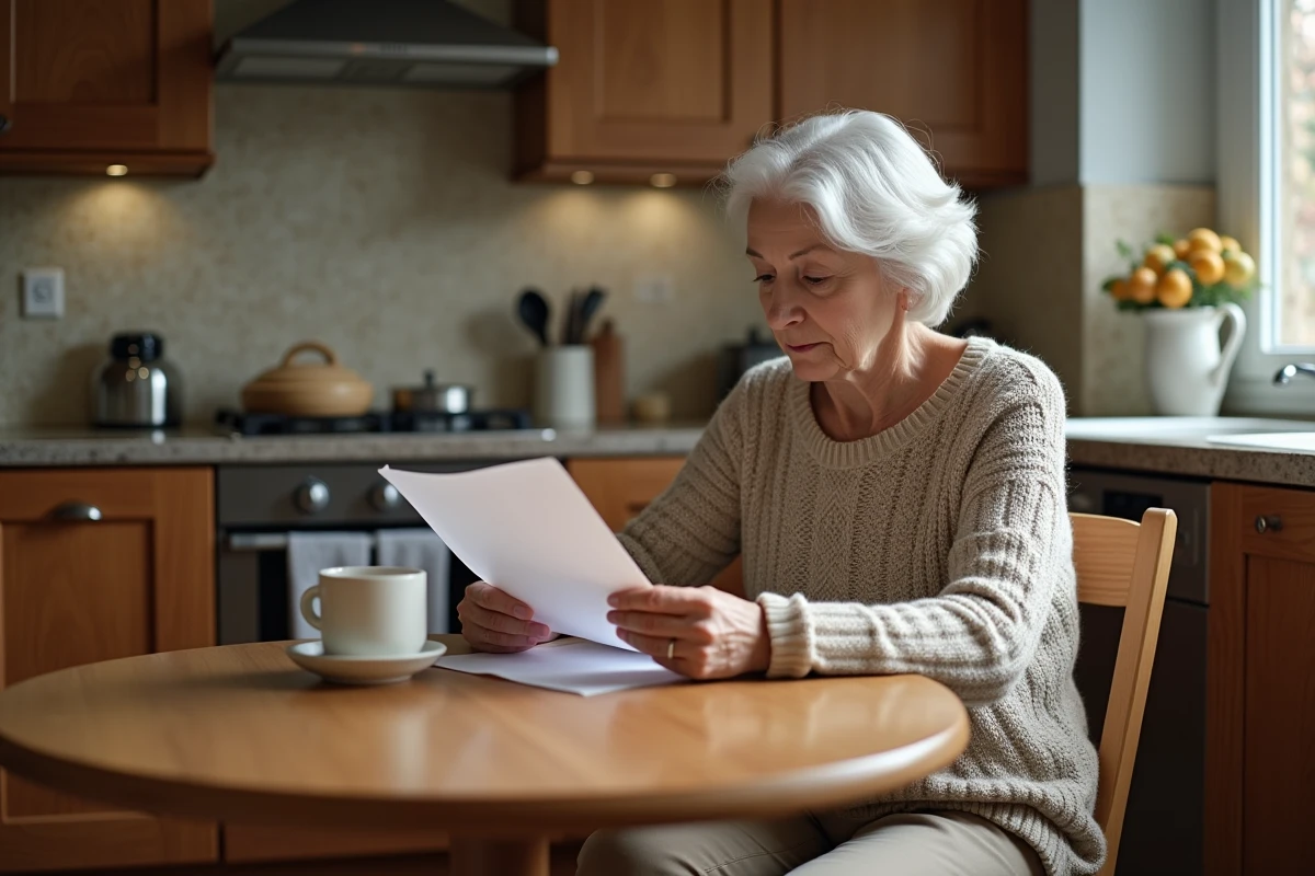 Femme senior lisant une lettre dans la cuisine chaleureuse