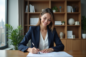Femme signant un document d'hypothèque dans un bureau moderne