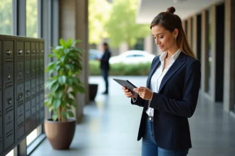 Femme d'âge moyen utilisant une tablette dans un hall moderne