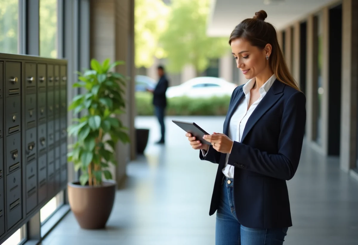 Femme d'âge moyen utilisant une tablette dans un hall moderne