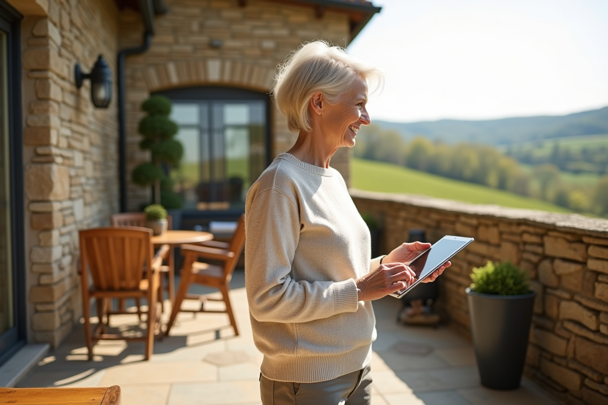 Femme âgée regarde un paysage rural depuis une terrasse ensoleillée