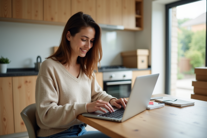 Femme concentrée travaillant sur son ordinateur dans la cuisine