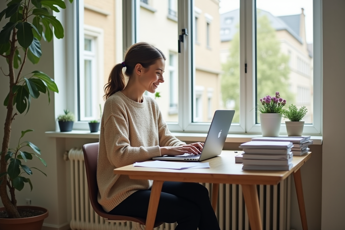 Femme souriante utilisant un ordinateur dans un espace de travail lumineux